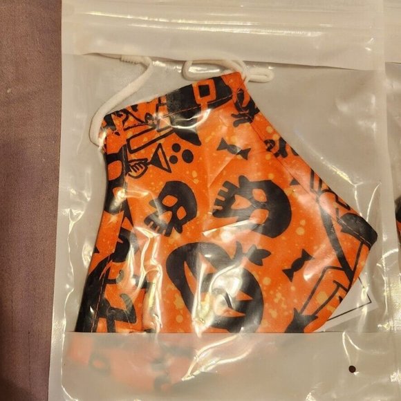 5 Fabric Face Mask Halloween Lot Orange Pumpkin, BOO, Skull, Bats, Cats - Picture 2 of 6